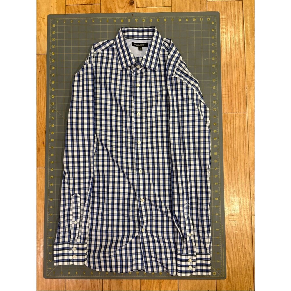 Banana Republic White and Blue Checked Men's Dress Shirt